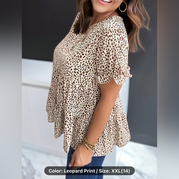 BRAND NEW Leopard Print Ruffle Hem T-Shirt, Casual Crew Neck Short Sleeve XXL - Picture 2 of 6